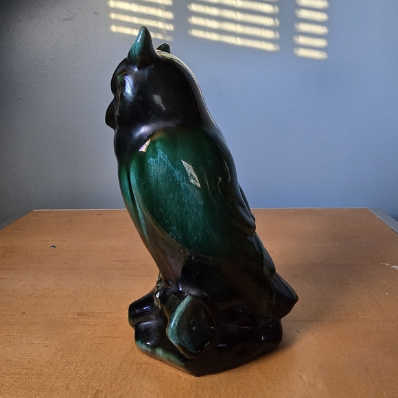 Vintage Blue Mountain Pottery Owl Statue green drip glaze bird wise cottage - Picture 8 of 14